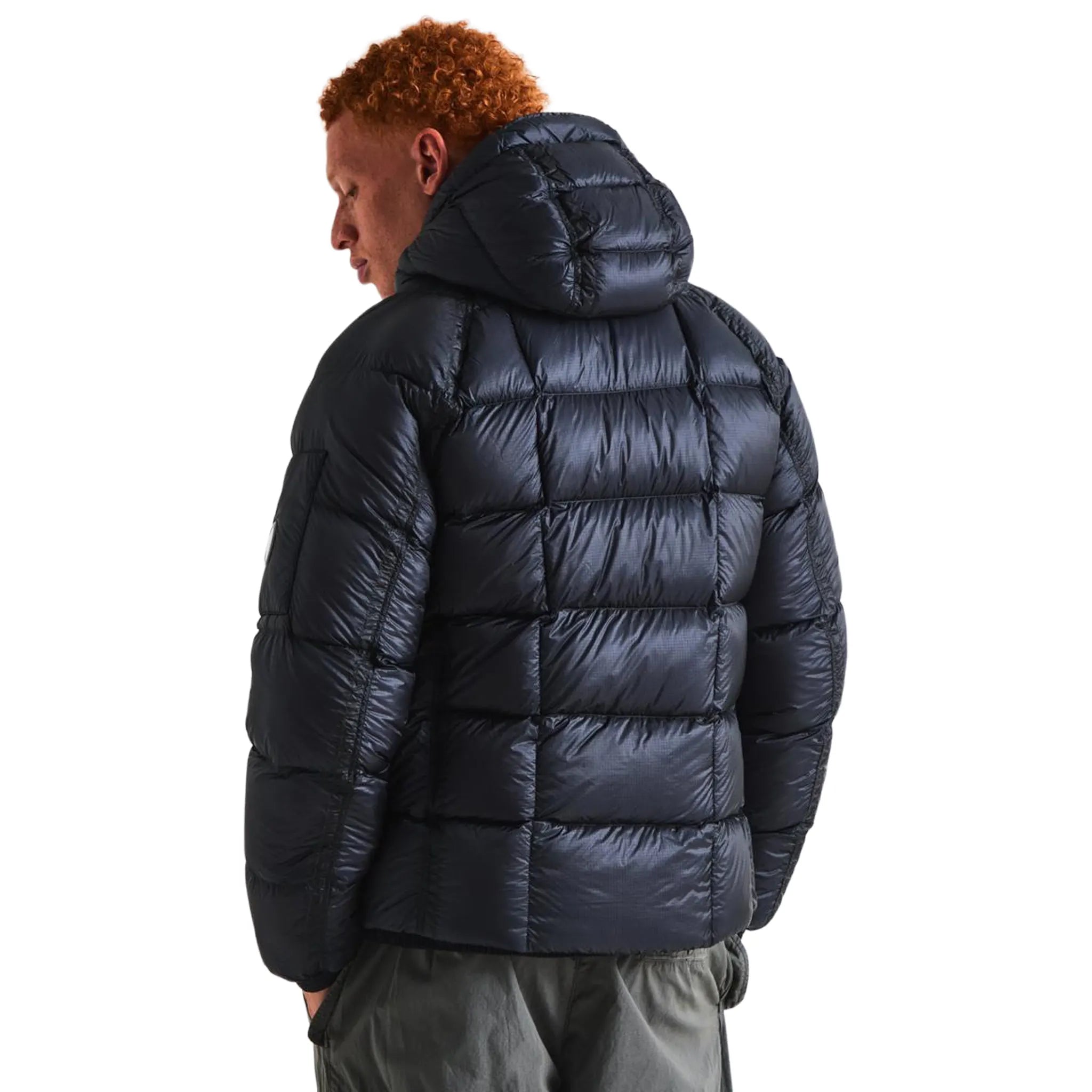Model back view of CP Company D.D. Shell Total Eclipse Blue Hooded Puffer Jacket